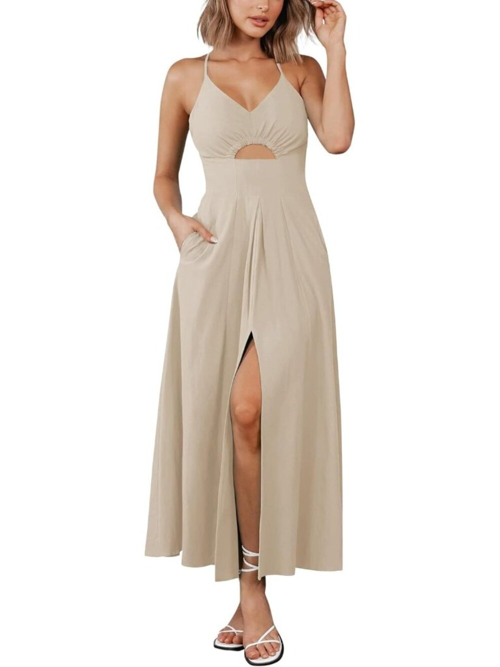 Women's Apricot Summer Spaghetti Strap Midi Dress Sleeveless V Neck Maxi Dresses